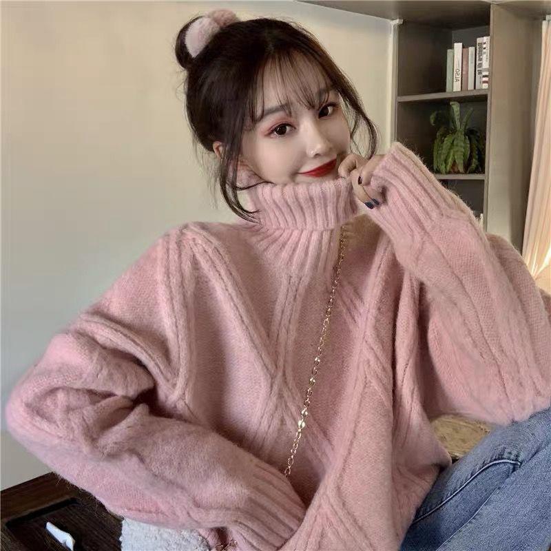 Outer Wear Lazy Wind Loose Turtleneck Sweater for Autumn and Winter Women's Thick Knit Sweater Base Coat Warm Jacket Women's Sweet Sweater