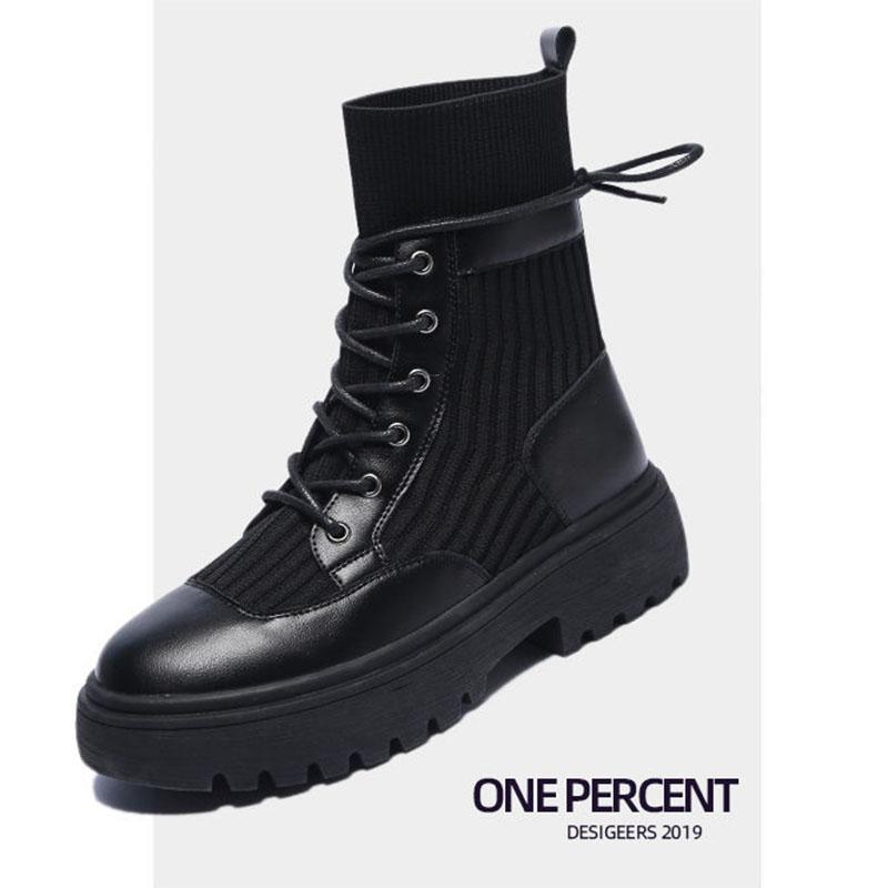 2021 Motorcycle Women's Boots Winter Soft Leather Shoes Black Botas Wedges Female Lace Up Platforms Women