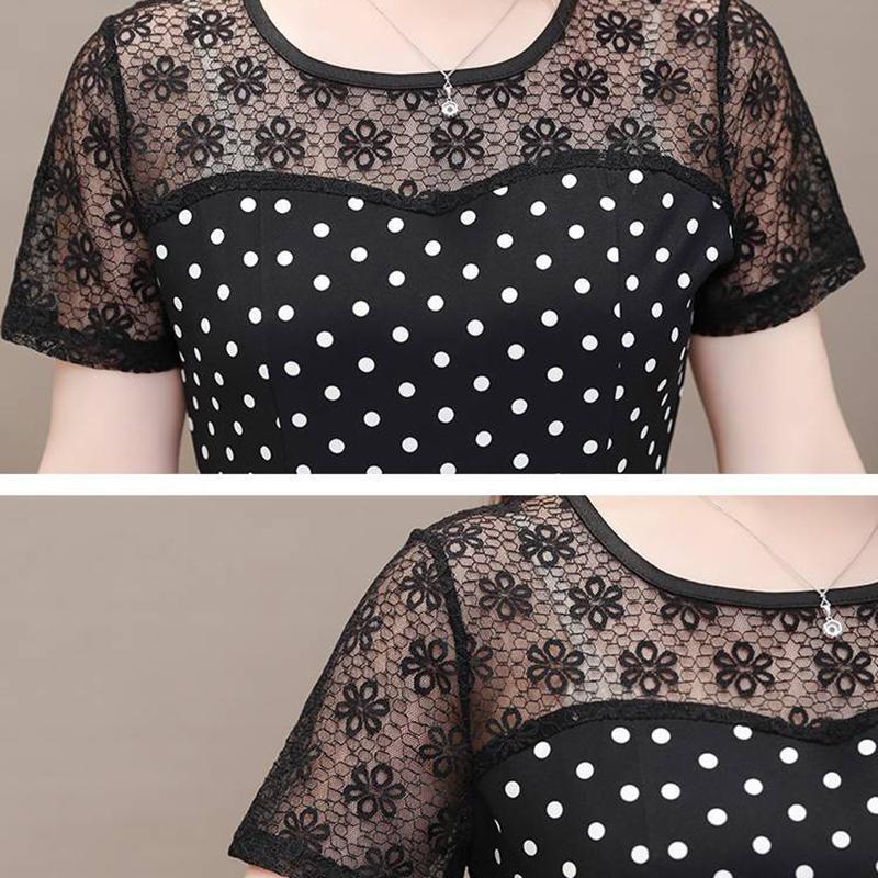 Large Size Women's Polka-dot Round Neck Short-sleeved Dress Female Self-cultivation Lace Temperament Mid-length Skirt A-line Skirt Waist Is Slim