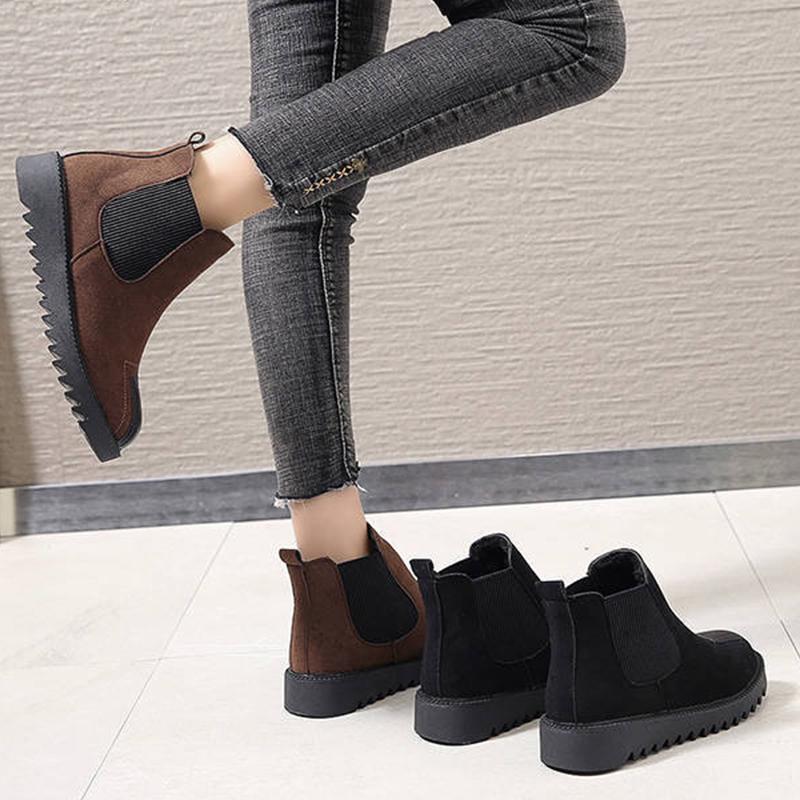 Autumn and Winter Plus Velvet Thick-soled Chelsea Short Boots Female British Style Short Tube Martin Boots Round Toe Flat Single Boots