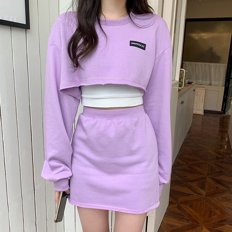 2PCS Personality Short Suit Letter Casual Sports Style Athletic Girl Long Sleeve Ultra Short Sweater Women + Hip Skirt Two-piece Set