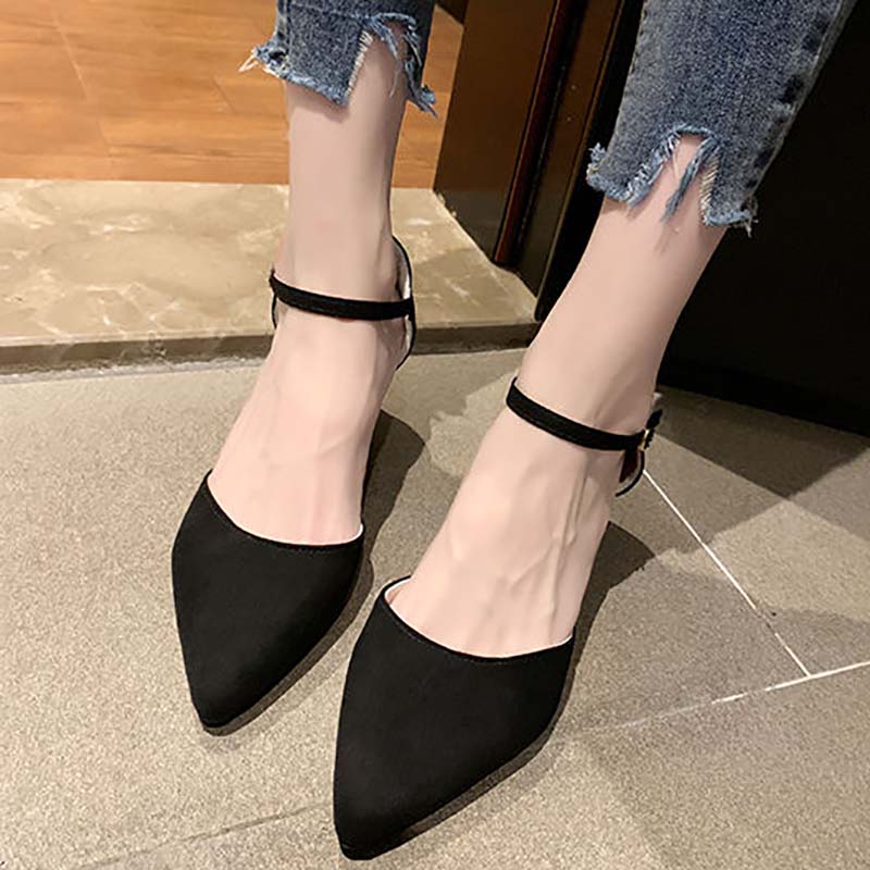 Shoes Female Students Korean Style Single Shoes Female Summer Wild Mid-heel Pointed Toe Buckle Thick Heel High-heeled Shoes Female Sandals