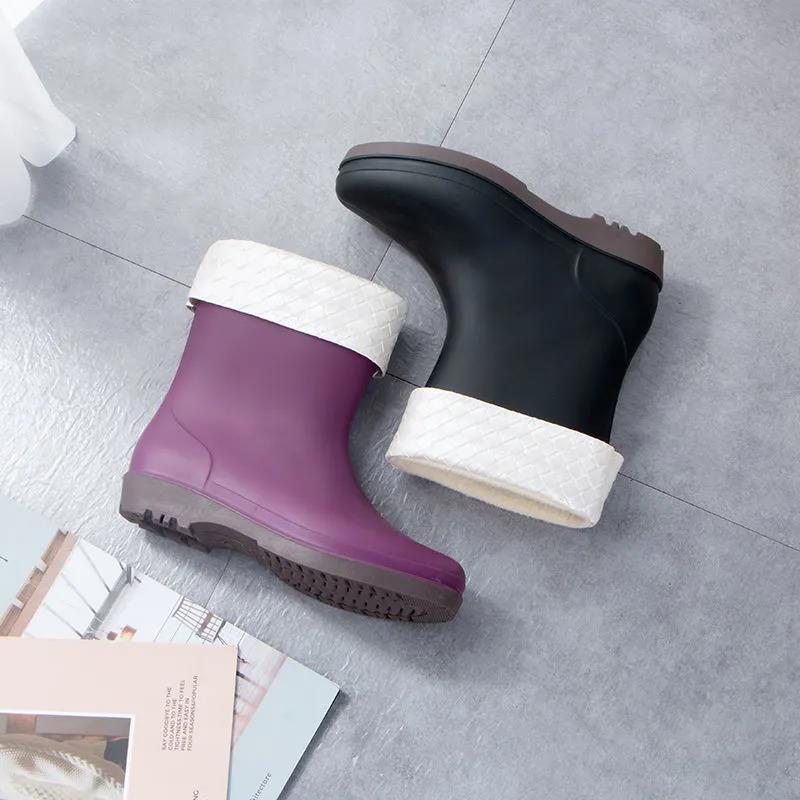 Female Autumn and Winter Rain Boots Adult Mid-tube Rain Boots   Rubber Shoes Non-slip Plus Velvet Cotton Warm Waterproof Shoes