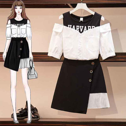 Women Sexy Off-shoulder Sleeve T-Shirt+ Irregular Skirt 2pc Office Lady T-shirt Skirt Suit