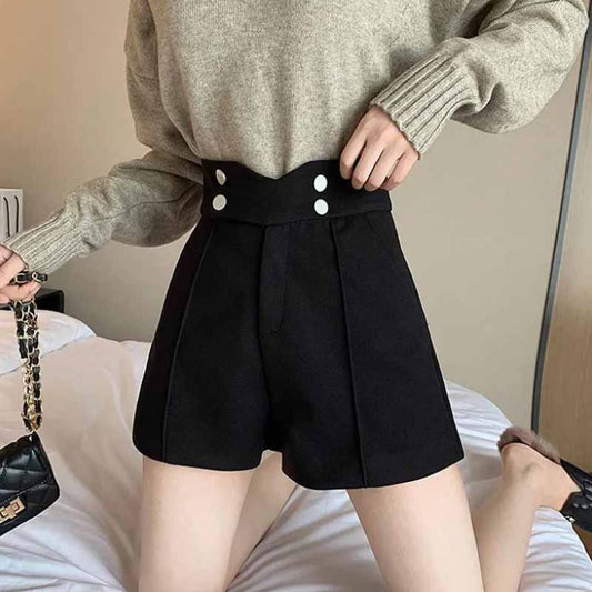 Women's Autumn and Winter New High-waist Shorts Korean Wide-leg Pants Loose and Thin Fashion All-match Outer Wear Base Woolen Boots Pants