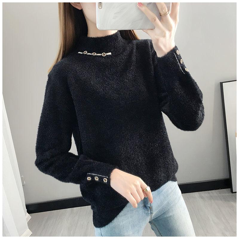 Autumn and Winter Half High Neck Thick Sweater Mohair All-match Loose Jacket Women Casual Knitted Women Bottoming Shirt