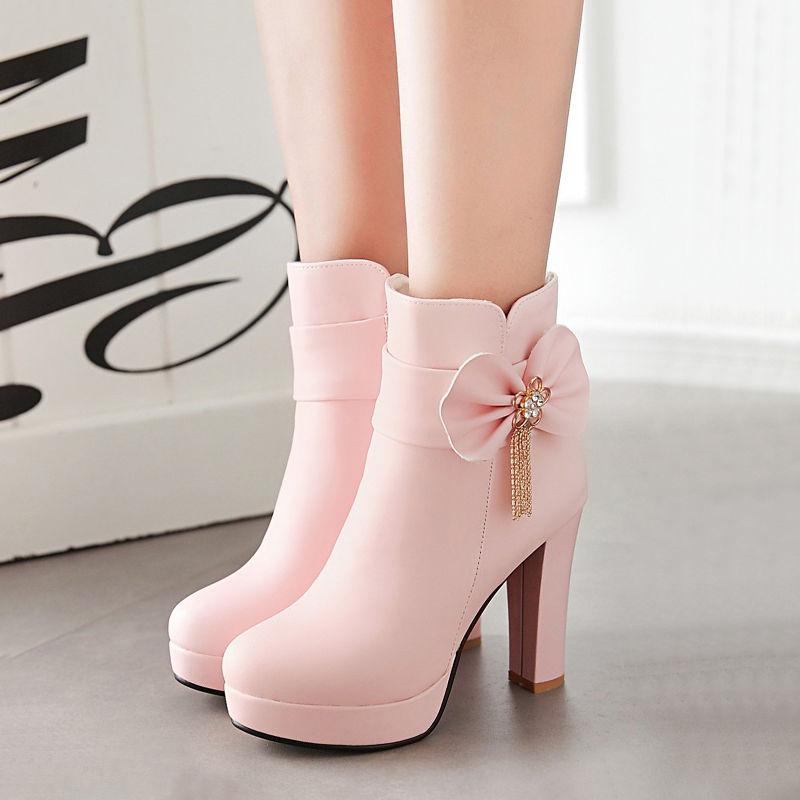 Sweet Ladies Booties Rhinestone Bow Side Zipper High Heel Ankle Boots Female Winter Plush Boots