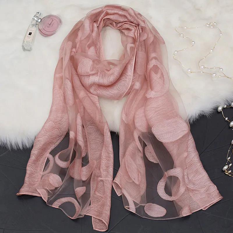 Women's Acrylic Linen Lace Silk Scarf Neck Conver Korean Scarves Long Gauze Scarf Pure Color Wavy Dot Embroidery Cut Flower High Quality Shawl