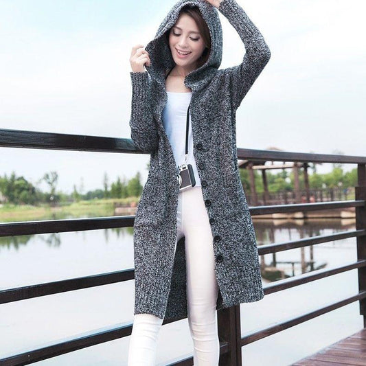 Spring and Autumn Women's Button Hooded Sweater Large Size Solid Color Mid-length Cardigan Loose Casual Sweater Coats