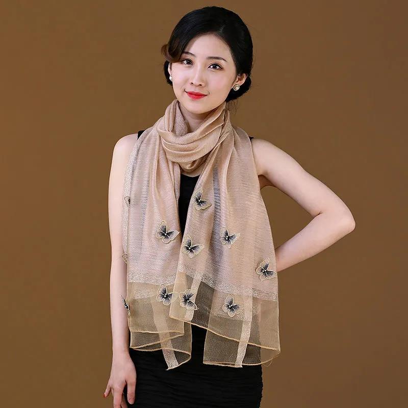 Women's Silk Scarf Mulberry Silk Scarves Autumn Winter Warm Butterfly Embroidery Shawl Long Mother Scarf Female Neck Collar Wrap Shawl Neckerchief