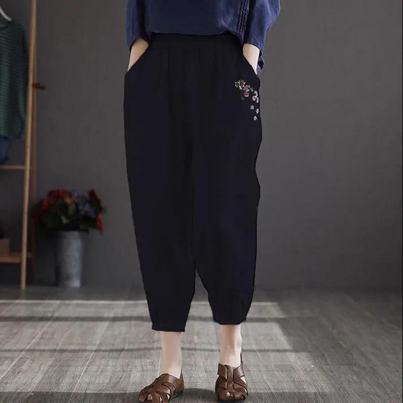 WTEMPO Cotton Retro Flower Embroidery Women Spring and Summer Loose Solid Color Casual Trousers