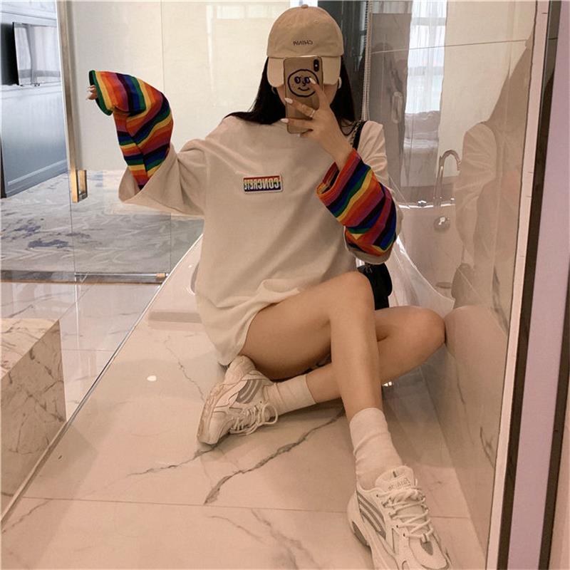 Spring Autumn Women Harajuku Long Sleeve Rainbow O-Neck T-Shirts  Casual Striped Femme Black Tops Pullover