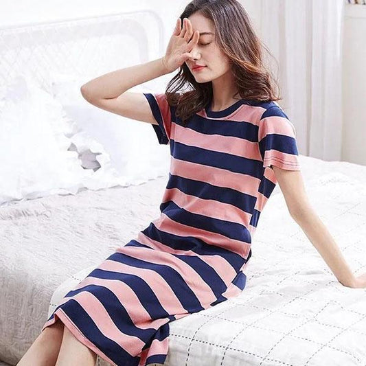 Women's Spring Summer Cartoon Printed Short Sleeve Cotton Pajamas Ladies Large Size Casual Crew Neck Nightdress