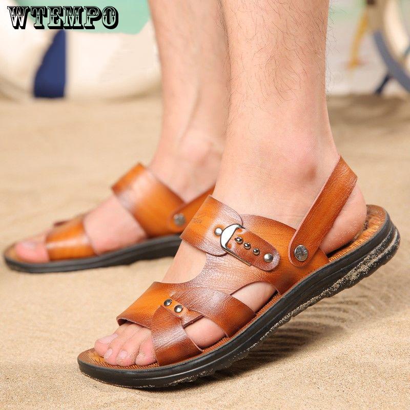 Summer Sandals Men Leather Classic open-toed Slipper Outdoor Beach Rubber Summer Shoes