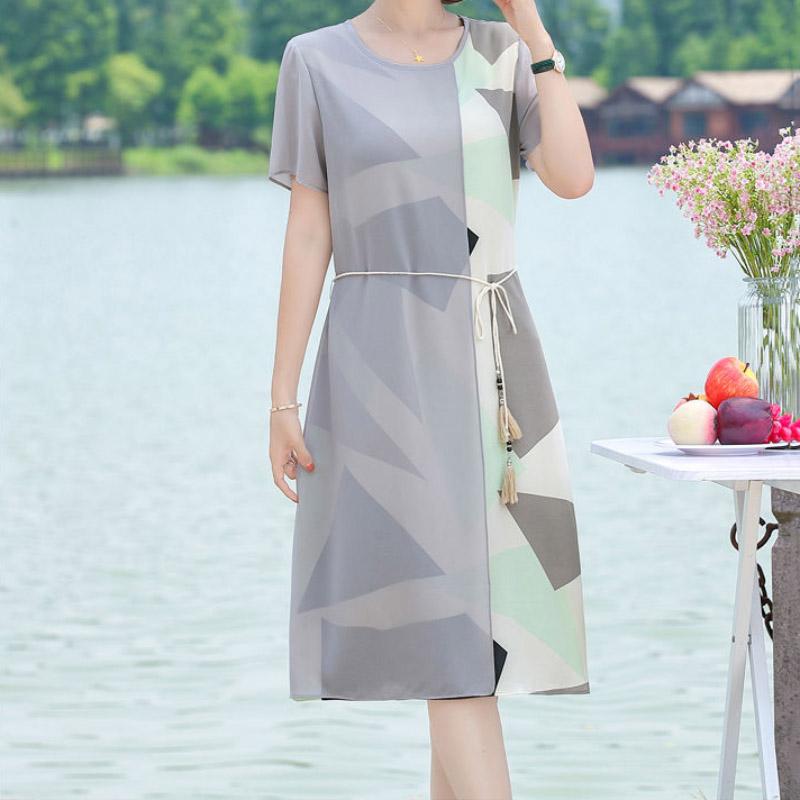 Spring Summer Chiffon Dress Women O-Neck Short Sleeve Dresses Sweet Slim Elastic Waist Mid-length Ladies Dress