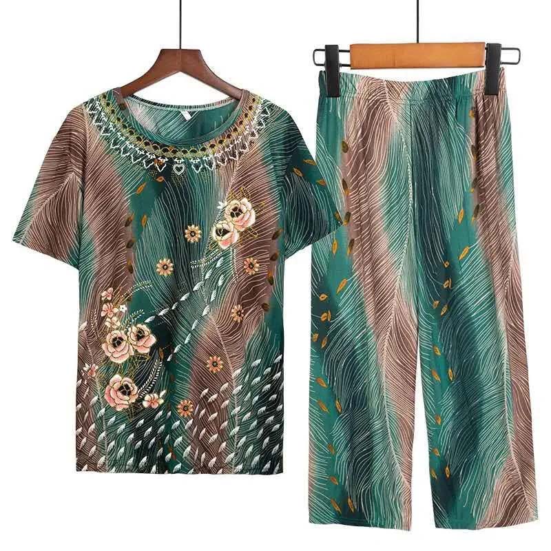 Ladies Imitation Ice Silk Suit Summer Short Sleeve Pants Top Two Piece Set Casual Loose Homewear Outer Wear Suit Retro Floral Print T-Shirt Trousers