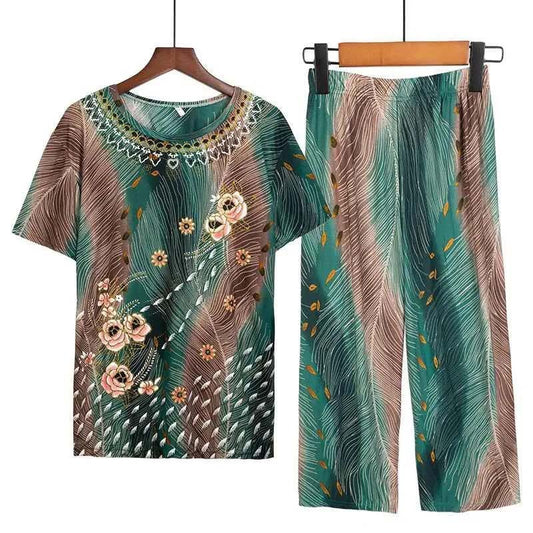 Ladies Imitation Ice Silk Suit Summer Short Sleeve Pants Top Two Piece Set Casual Loose Homewear Outer Wear Suit Retro Floral Print T-Shirt Trousers