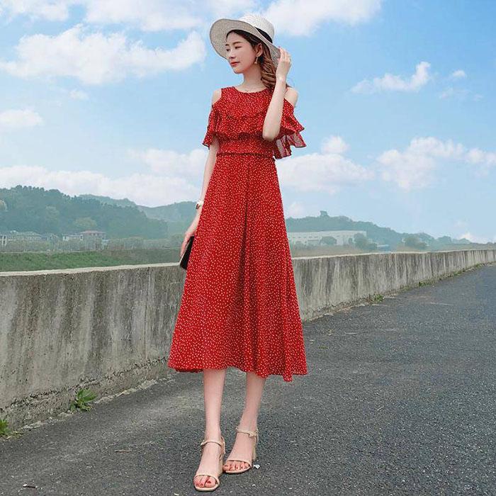 Pofulove Women Red Polka Dot Chiffon Dress Slim Long Strapless Dress Below The Knee Thin Dresses