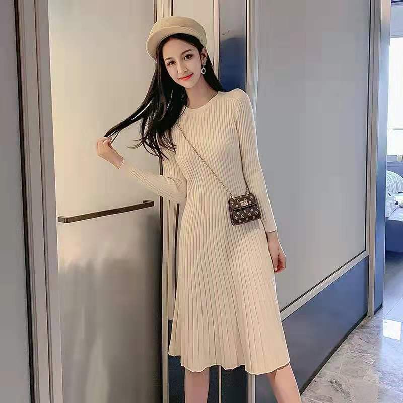 Autumn and Winter Knitted Casual Dress Mid-length Over-the-knee Long-sleeved Base Skirt Pure Color Simple Female Sweater Dress