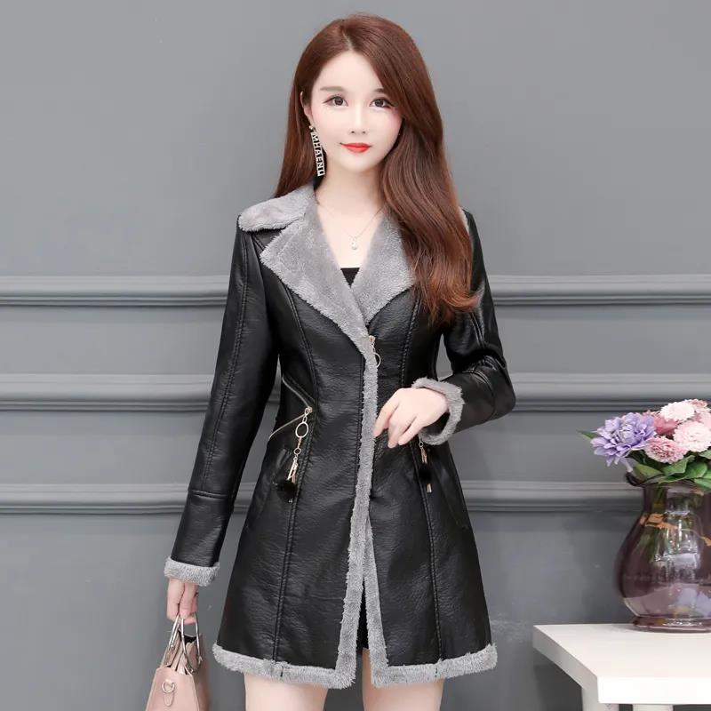 Winter Women's Leather Fashion Fur Coat Lamb Fur Coat Plus Velvet Thickening Medium Long Large Size Leather Coat