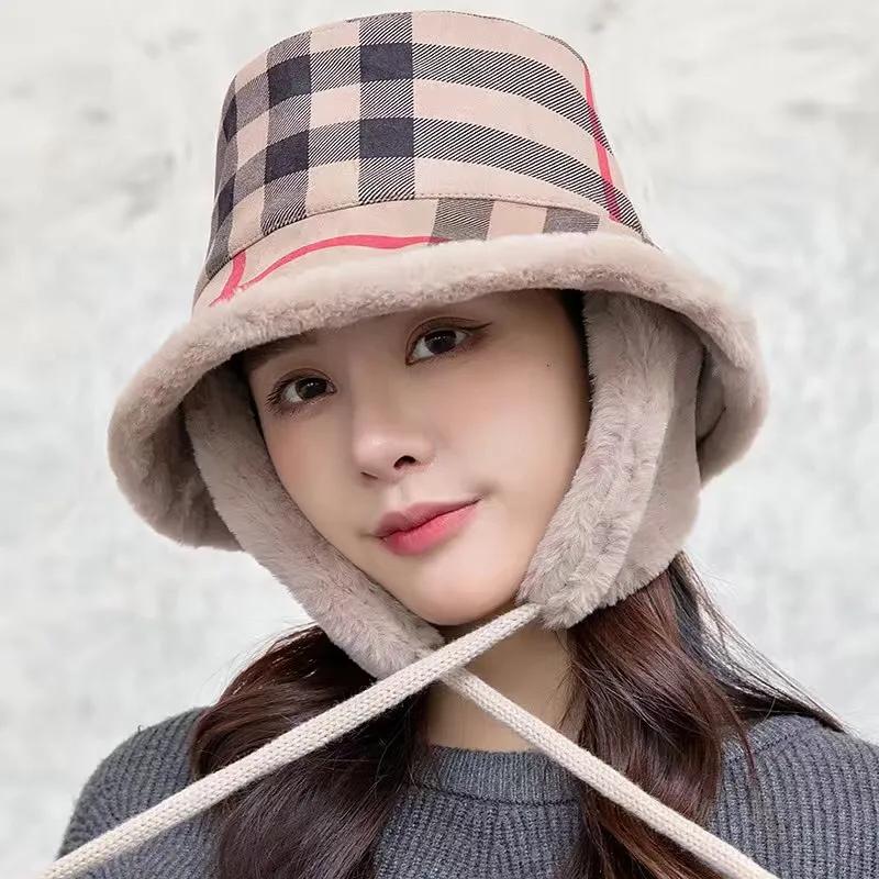 Women's Autumn Winter Dual-purpose Fisherman Hat Warm Ear Protection Removable Large-brimmed Hat Detachable Ear Protection Strap Plaid Fisherman Cap