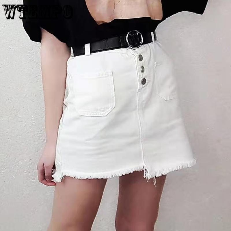 Denim Cotton Cloth Women Sexy Tight A-line High Waist Hip Short Skirt Button Pocket Asymmetric