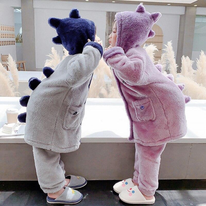 Children's Fannel Pajamas Sets Autumn and Winter Thickened Warm Girls' Homewear Clothes Cartoon Dinosuar Toddler Boy's Pajamas