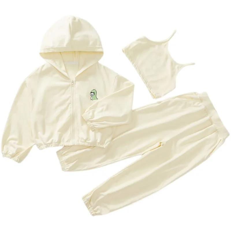 Girls Spring and Autumn Suits, Children's Solid Color Loose Suits, Sports Suits, Three-piece Casual Sets