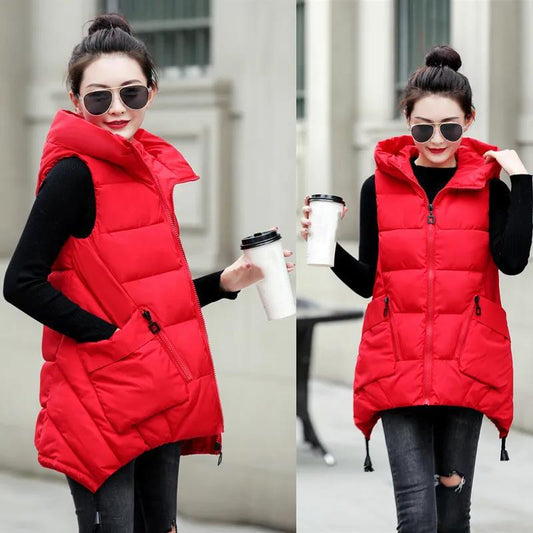 Autumn and Winter Women Down Cotton Vest Thick Hooded Sleeveless Cotton Coats Plus Size Lady Warm Clothing