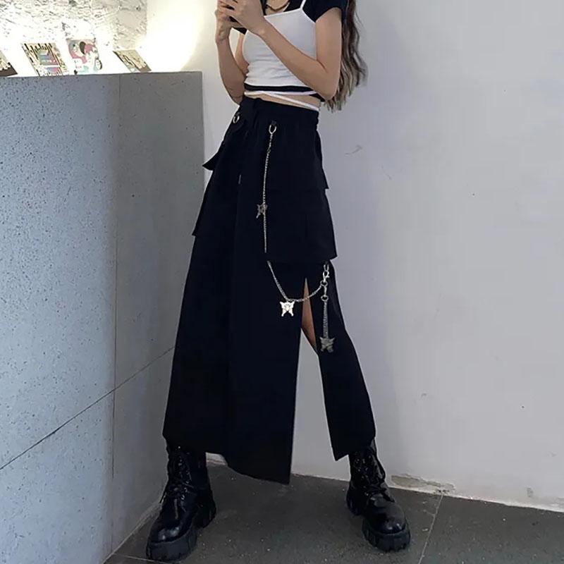 Women Long Black Skirt Elastic High Waist Streetwear Skirts Girl's Loose Casual Skirt Club Split Butterfly Chain Skirts