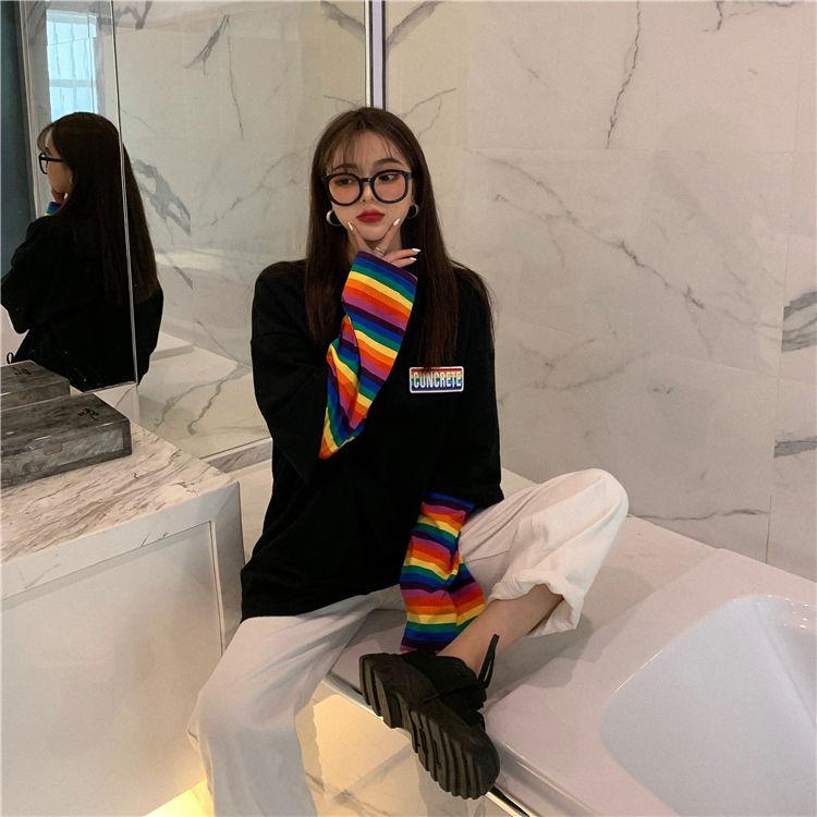 Spring Autumn Women Harajuku Long Sleeve Rainbow O-Neck T-Shirts  Casual Striped Femme Black Tops Pullover