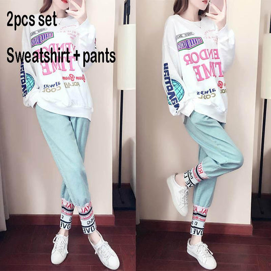 Spring and Autumn Women 2pcs set Wild Long Sleeve Casual Sweatshirt Set Large Size