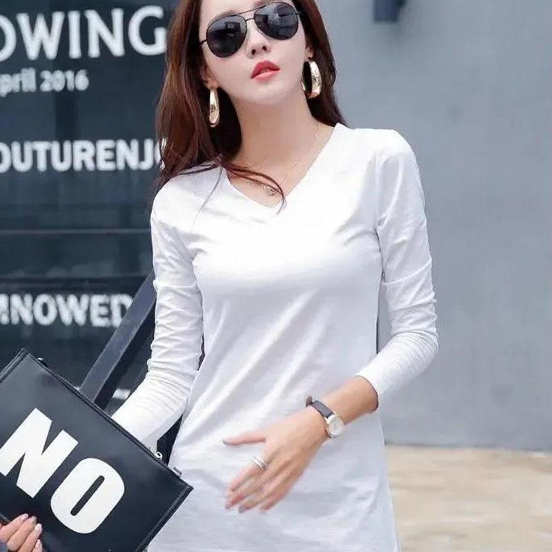 Women T Shirt Solid Color Long Sleeve Top Ladies Slim Tee Shirts Autumn Spring Fashion Tops Tee Female V-neck Pullover