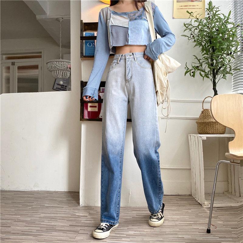 Autumn Design Sense Gradient High-waisted Jeans Women's Straight Loose Wide-leg Trousers Trend