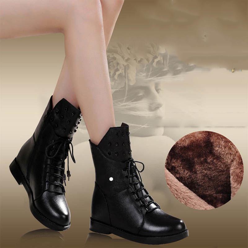 Genuine Leather Ankle Boots for Women Lace Up Platform Boots Women Winter Warm Plush Women Boots