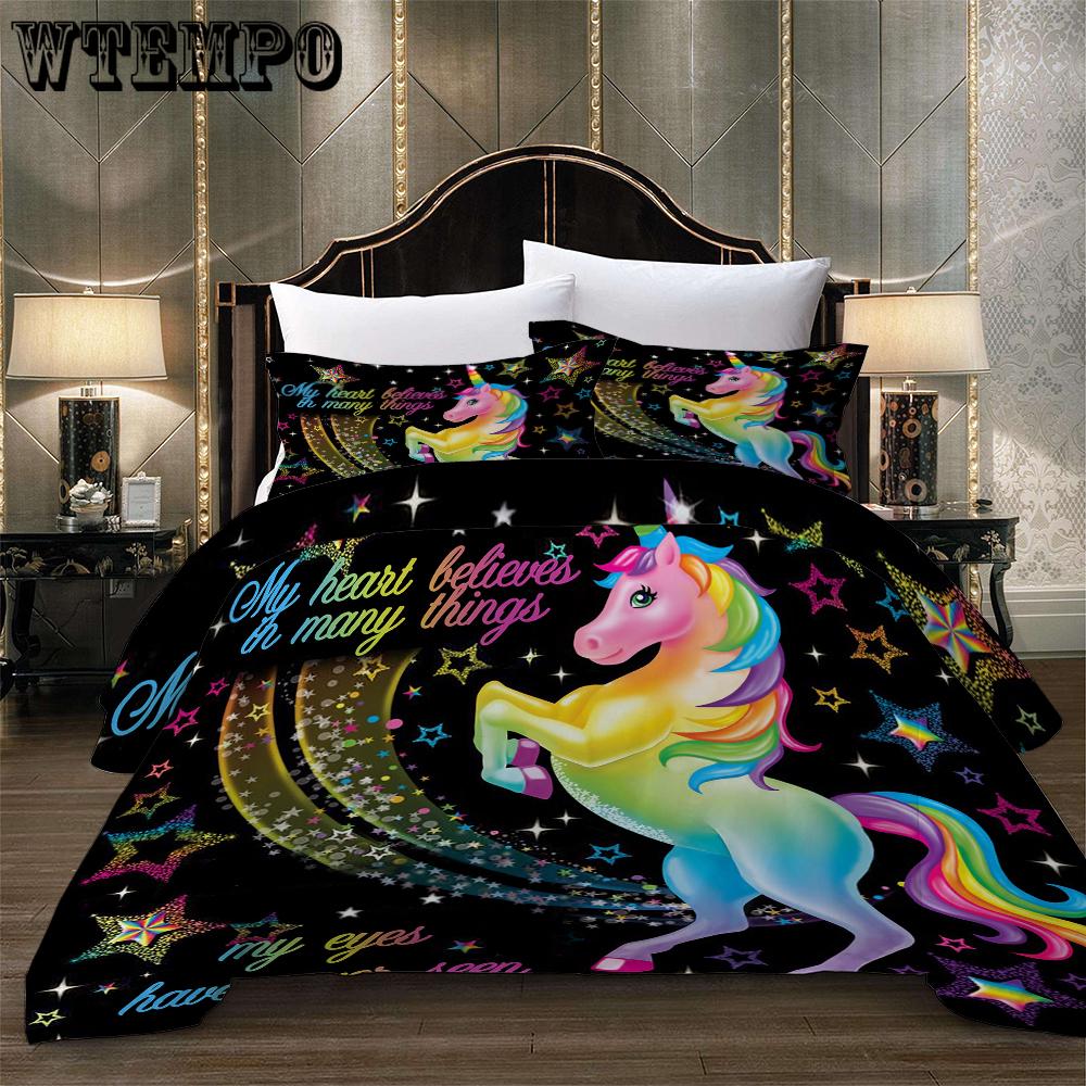 3Pcs Set Cartoon Fashion Classic 3D Rainbow Unicorn Horn  Bedding Sets Printed Duvet Cover