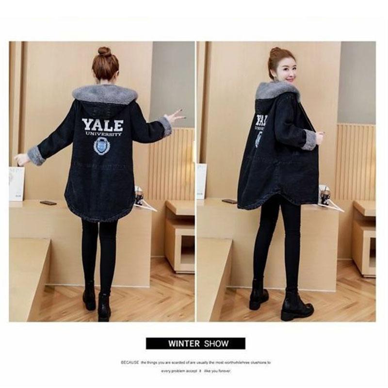 Women Flocking Denim Jacket Winter Ladies Mid-length Denim Parka Loose Plus Fleece Thick Hooded Coat