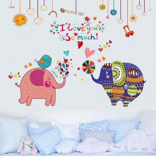 Cartoon couple baby elephant child room living room background decorative wall stickers