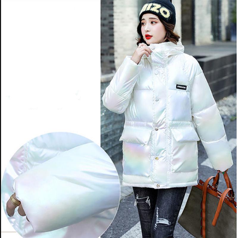 Women's Glossy Mid-length Down Jacket Winter Korean Style Loose Cotton Clothes Casual Hooded Padded Jacket