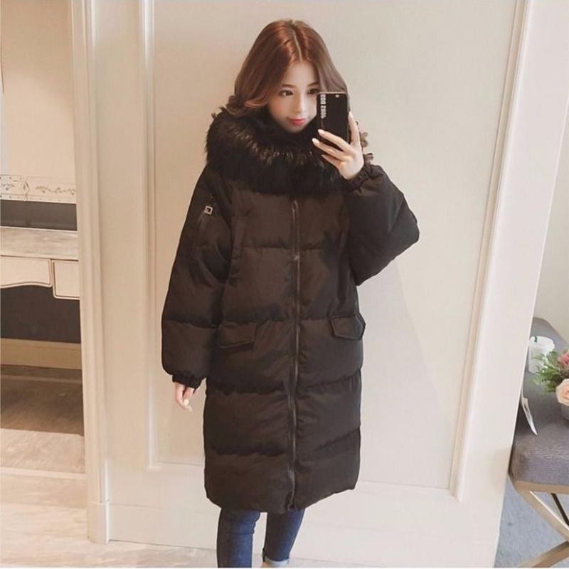 Autumn and Winter Ladies Down Padded Jacket Long Over The Knee Fur Collar Hooded Down Padded Jacket Slim Hooded Padded Warm Parka Coat