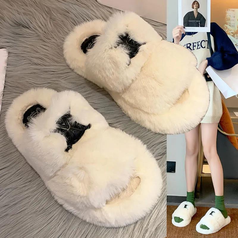 Ladies Cotton Slippers Plush Slippers Fall Winter Fashion Outer Wear All-match Flat Flat Shoes