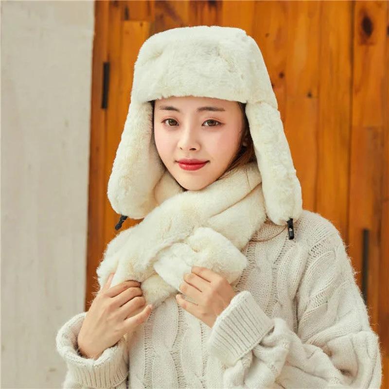 Women's Hat Winter Korean Version Plus Velvet Cold Proof Hat Winter Cycling Ear Protection Thick Windproof Warm Cute Hat Solid Long Ear Cap Fedoras