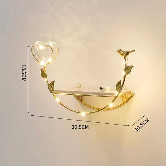 Single Layer Storage Rack Flower Bird Shape Display Stand Metal Solid Wood No Punching Shelf with Light Strip