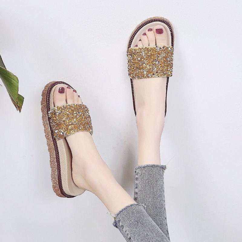 Slippers Women’s Summer Fashion Outer Wear Sponge Cake Thick Bottom Flip Flops Sequins Sandals Flat Sandals Beach Shoes