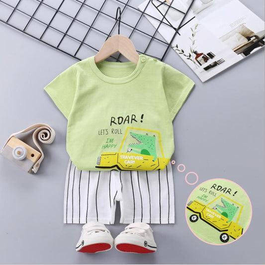 Children's Short Sleeve Suit Korean Style Boys and Girls Set Printing T-shirt + Shorts Two Piece Set