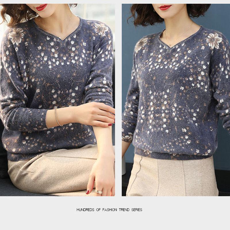 Bohemian Women Short Printed Woollen Sweater Female Rhinestone Soft Sweater  V-neck Jumper Knit Pullover Outwear