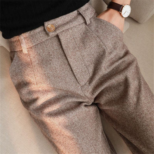 Autumn and Winter Herringbone Woolen Trousers High Waist Was Thin Harlan Feet Carrot Pants Casual Suit Pants