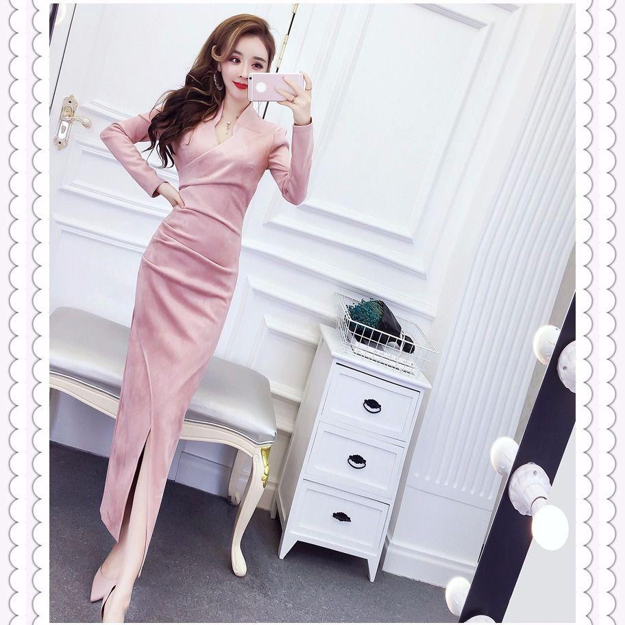 Women's Bottoming Shirt Knit Dress Fashion Slim Pullover V-neck Sweater Knitted Dress Mid-length Over-the-knee Bottoming Shirt