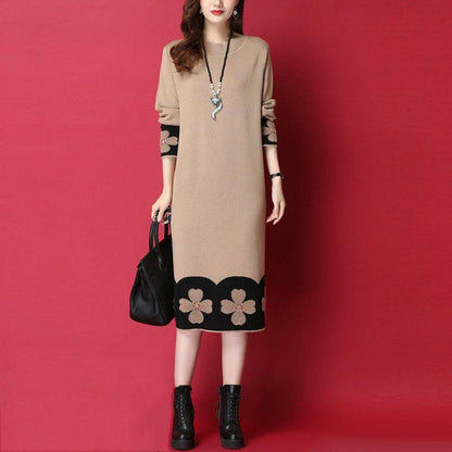 Autumn and Winter Long-sleeved Knitted Dress Large Size Loose and Thin Base Skirt Simple Over-the-knee Women's Sweater Dress