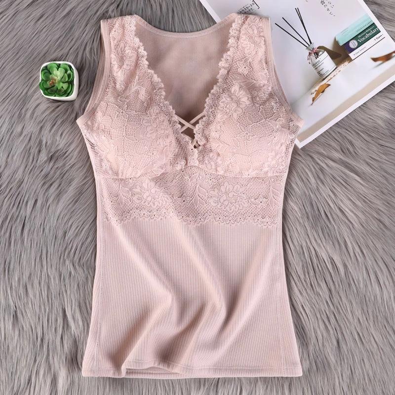 Sexy Winter Thermals Velvet Vest Pad Plus Size XL-6XL Inner Wear for Women Lace Sleeveless Body Tops Slim Solid V Neck Underwear